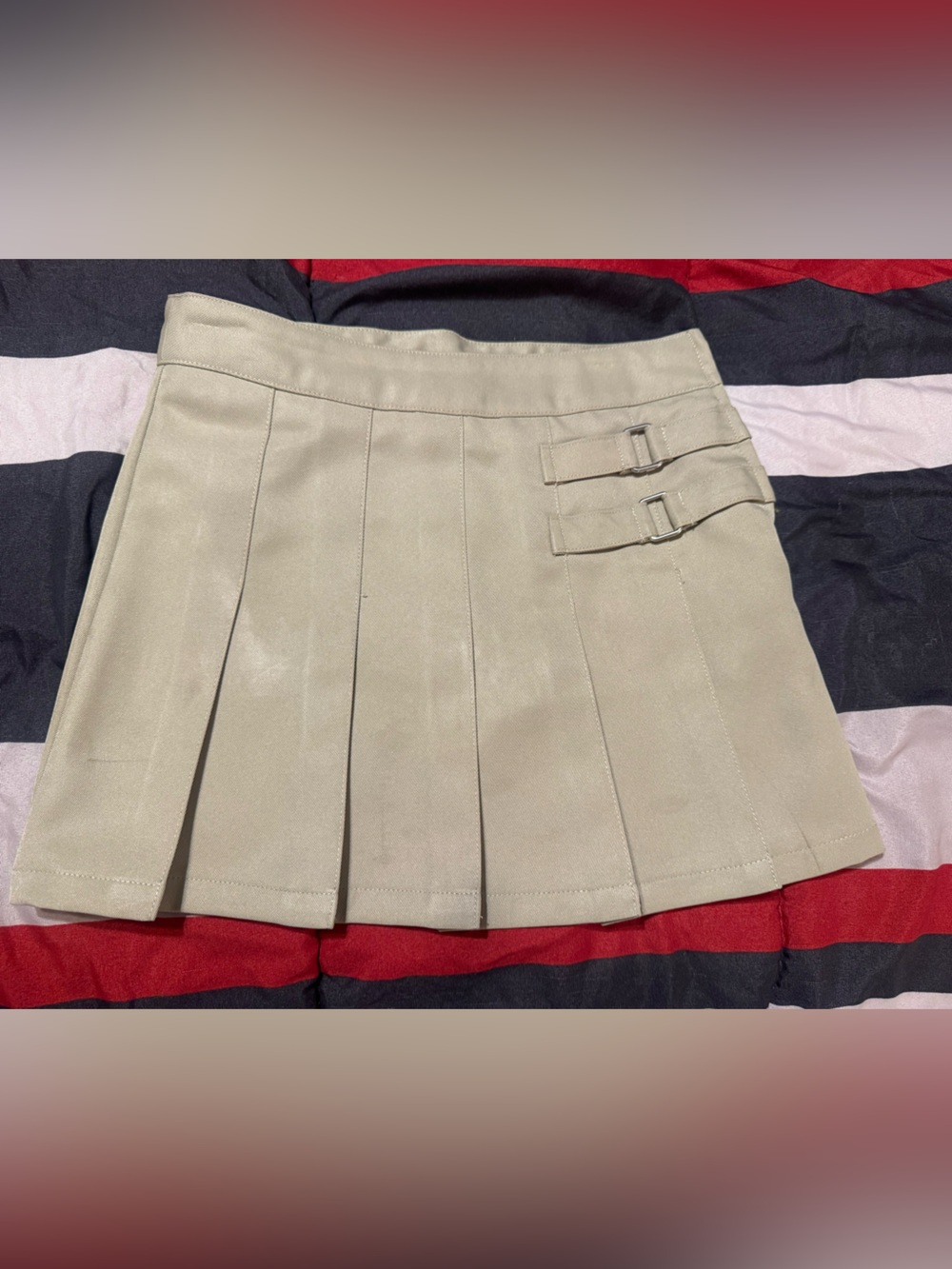 Pleated Mini Skirt with Buckle Detail - Beige